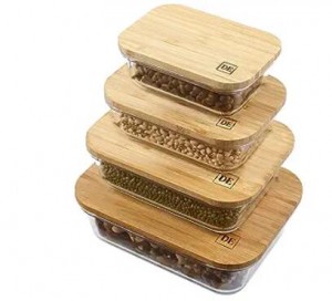 Plastic free glass food storage container with eco-friendly bamboo and wood lid