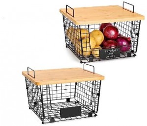 2 sets of kitchen counter baskets with bamboo tops