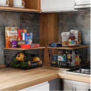 2 sets of kitchen counter baskets with bamboo tops