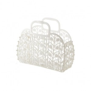 C13765  Floral Lace Plastic Tote Basket (Decorative Handled Storage Organizer for Home & Outings)