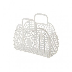 C13766-1 White Woven Plastic Tote Basket (Multipurpose Handled Storage Organizer)