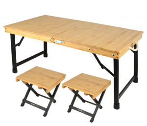 H02174 Bamboo Outdoor Folding Table and Stool Set, Multi-functional Patio & Camping Furniture
